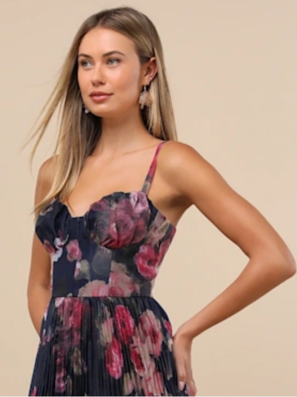 Lulu's Alluring Invite Midnight Blue Floral Pleated Bustier Midi Dress Size S - Picture 7 of 16
